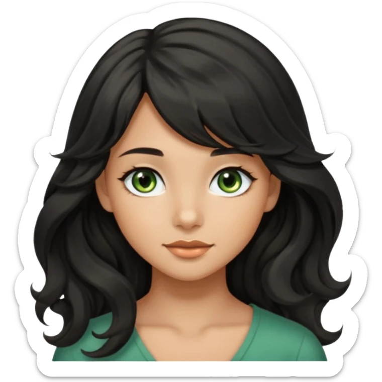 beautiful girl with black wavy long hair and side-swept bangs, tan skin, and greenish-hazel eyes sticker