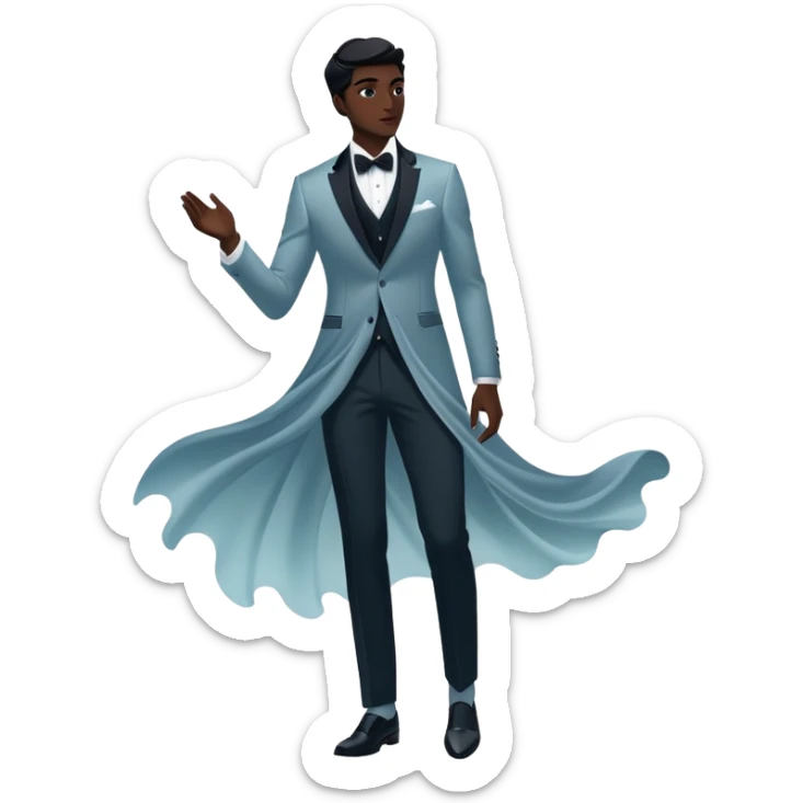 Ethereal male fashion silhouette with formal wear and subtle energy waves, floating style essence, masculine inspiration sticker