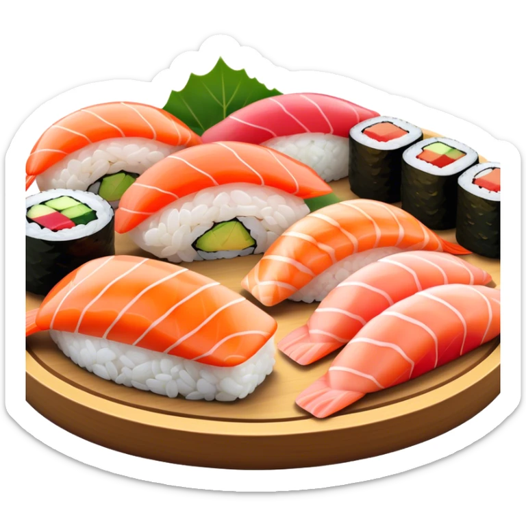 Cinematic Realistic Sushi Dish Emoji, depicted as an artful arrangement of fresh sushi with vibrant colors rendered with lifelike textures and delicate, natural lighting. sticker