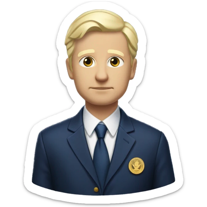 President Petr Pavel has fair skin, short light blonde hair with some gray, and a serious expression. He wears a dark blue suit jacket with a gold emblem, a white shirt, and a dark blue tie. sticker