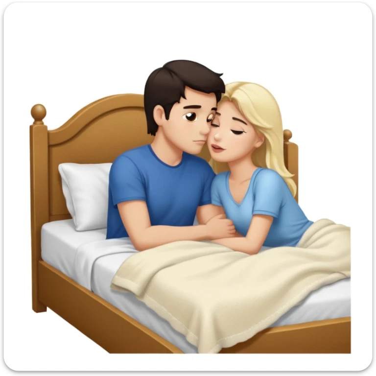 Naked man, dark Hair, kissing naked blonde Woman, bed,  sticker
