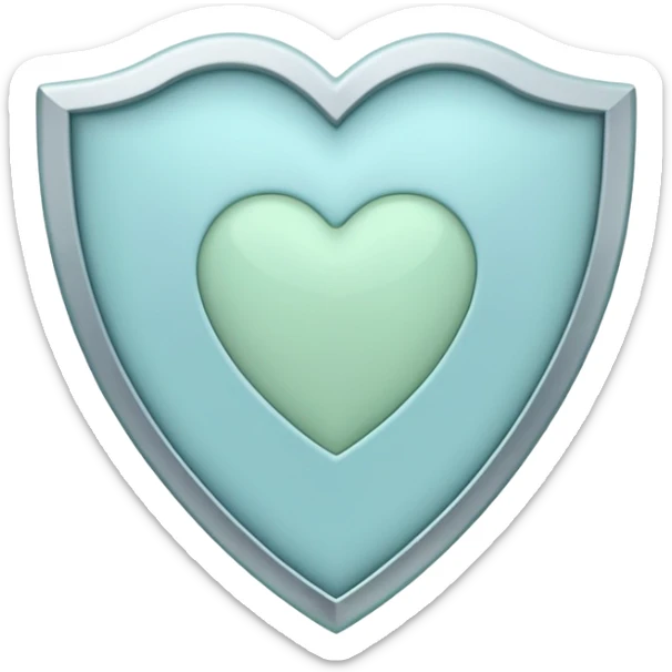 Simple shield icon with a small heart in the center, pastel blue and green, symbolizing protection from stress. sticker
