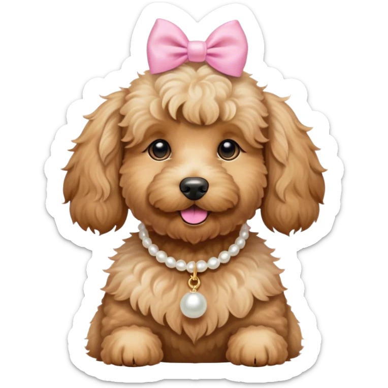 Golden doodle dog wearing layered pearl necklace with a small pink bow on each ear sticker