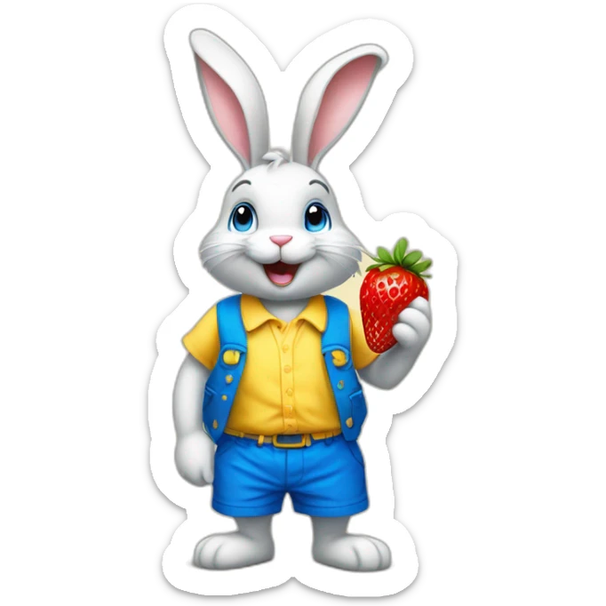 a happy bunny in yellow shorts and a blue vest with a blue bow around his neck sniffs strawberries sticker