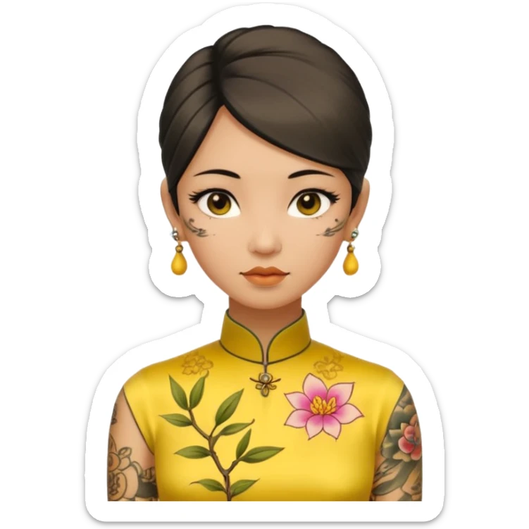 ancient woman with tatooed on neck and face and yellow cheongsam sticker