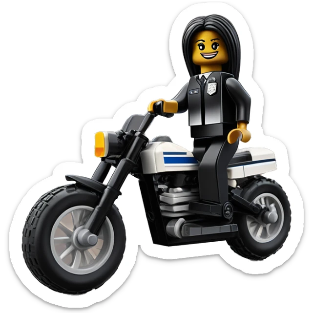 Lego, Jeffery New York Evening Gown Barbie, Wednesday Addams from academy, in vertically-striped dark-gray and black police officer’s uniform with small hat. Leaning back at the hips, riding a wheelie on a hot rod bike smiling  sticker