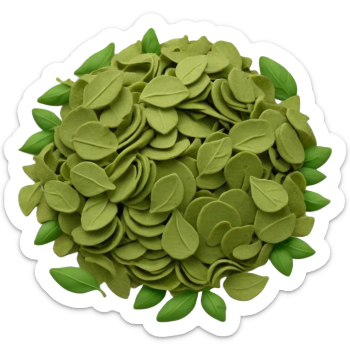 scatter of dry crumbled green flakes with curled uneven shapes and matte texture, color ranges from muted olive to dark sage, evoking sun-dried basil leaves, apple emoji style, soft lighting, subtle shadows, transparent background, emoji scale sticker