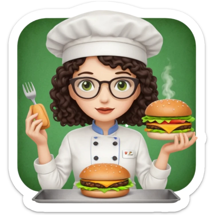 A female chef with glasses, dark brown long curly hair, White skin,Green eyes and cooking a burger sticker