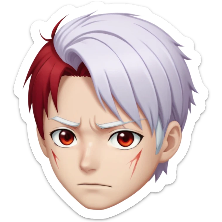 Shoto Todoroki face only, left side white hair, right side red hair, heterochromatic eyes, burn scar on left side of face, serious expression sticker