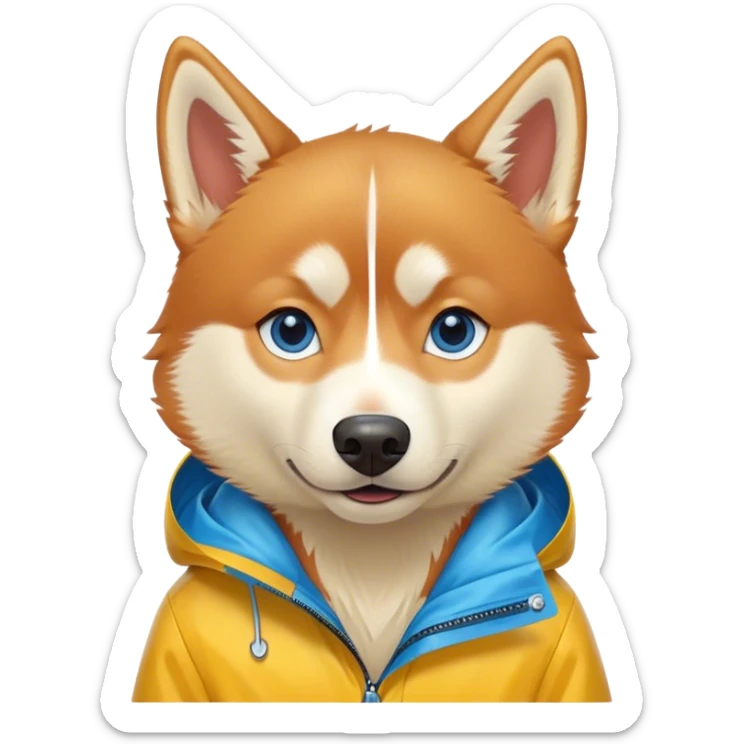 cute, disney-style red siberian husky with blue eyes, wearing a yellow rain jacket sticker