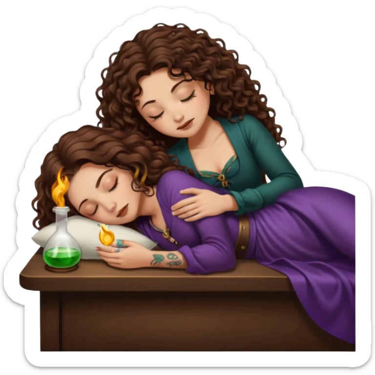potion lab nap — long wavy brown hair tattooed woman and short tight curly brown hair woman — asleep at alchemy table sticker