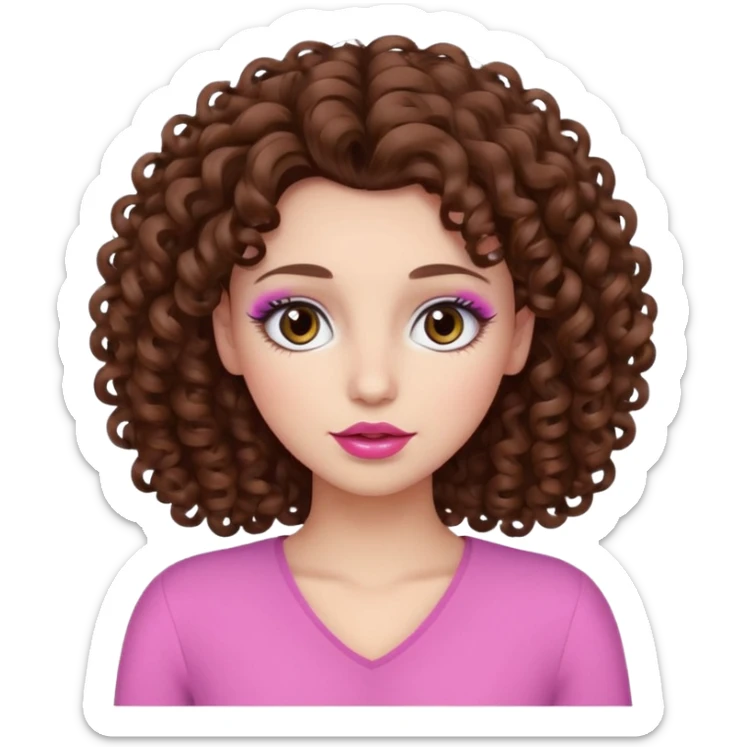 Curly brown hair white skin with brown eyes and long eyelashes and pink lips sticker