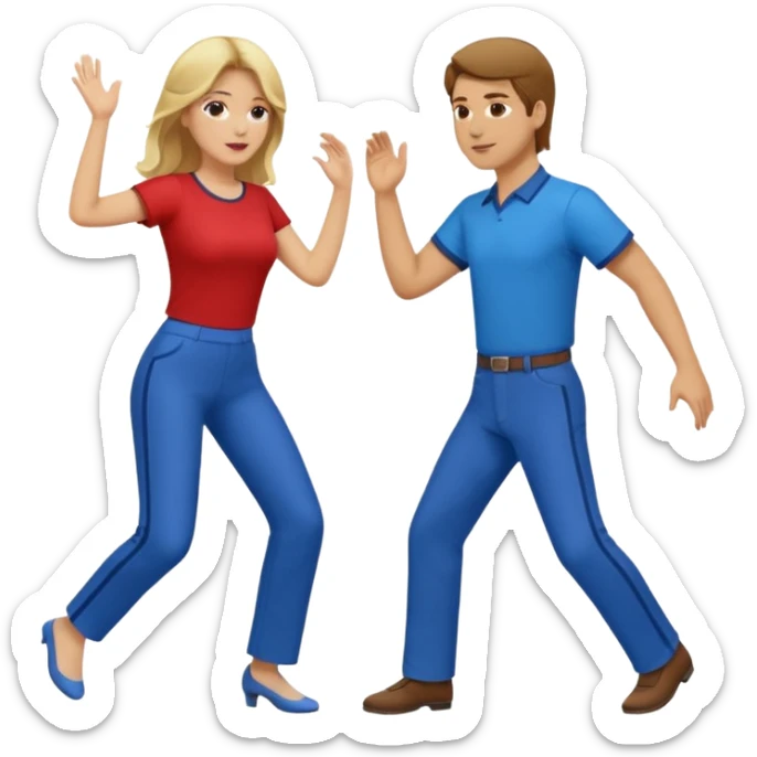 Two people dancing. Man in red shirt and pants with brown hair. Women in blue shirt and pants with blond hair. sticker