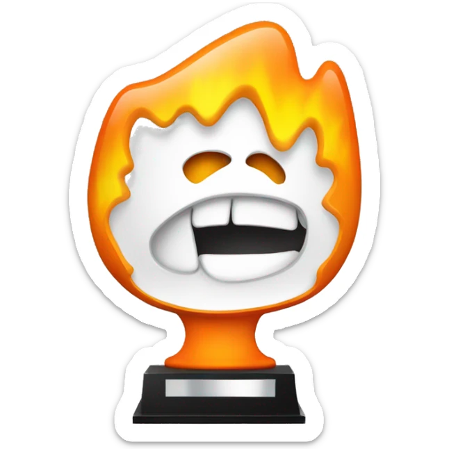 A trophy with a screaming face in the shape of orange, yellow and white fire. sticker