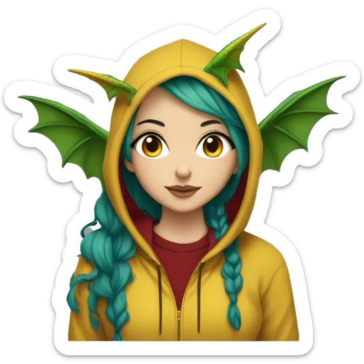 Lady with brunette and iridescent blue hair, hemp, gold, green dragon wings, maroon hoodie, 420, black and gold Nike t shirt, and bright red eyes sticker