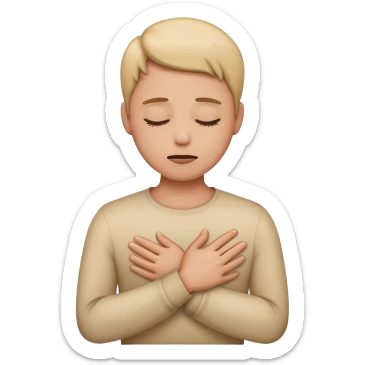 Make an emoji of a person or animal that’s politely making a “no thanks” gesture like refusing a food or drink or something. Make sure the emoji includes both body and hand and not just hand. One hand should be empty and the other hand should be on the person’s chest. Eyes should be closed. sticker