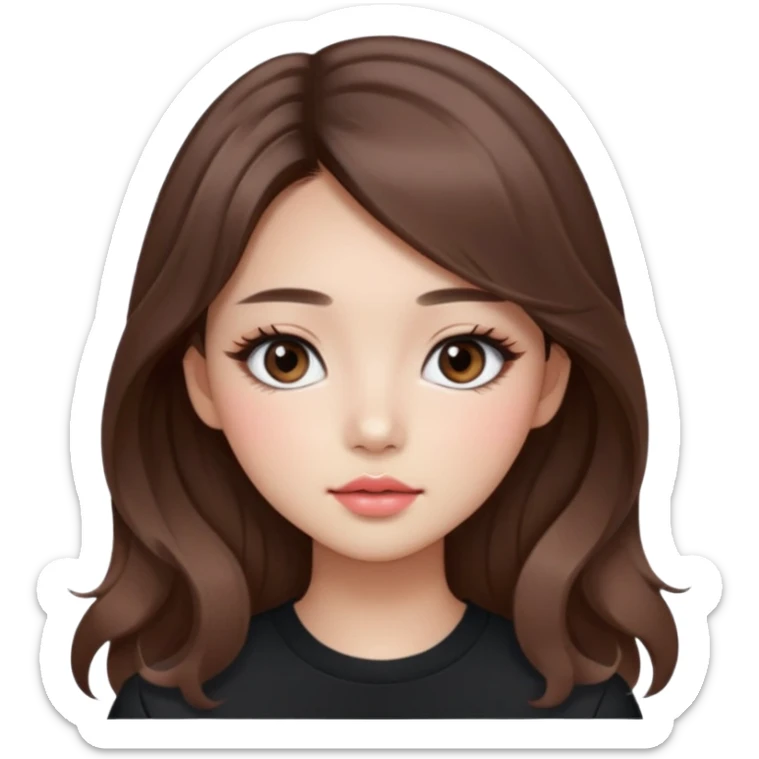 “korean straight brown hair Emoji girl, soft eyeliner and blush, gradient lips, light brown shimmer eyeshadow, long wavy hair,  sticker