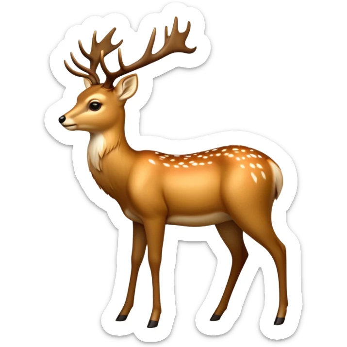 cinematic-[deer]-realistic-full-body-standing on all fours-emoji,-tail-tucked-close,-head-tilted-dramatically,-sleek-[fawn]-fur,-simplified-yet-realistic-focused-features,-highly-detailed,-glowing-with-an-almost-sarcastic-glow big antlers sticker