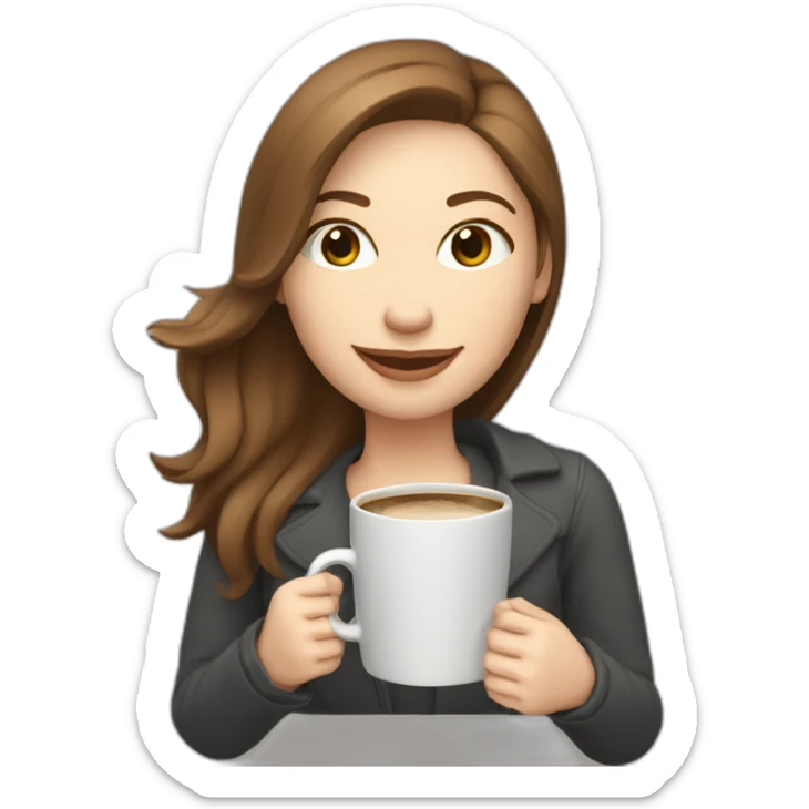 eyes closed smiling woman pale skin middle brown hair holding a closed laptop and a coffee mug sticker