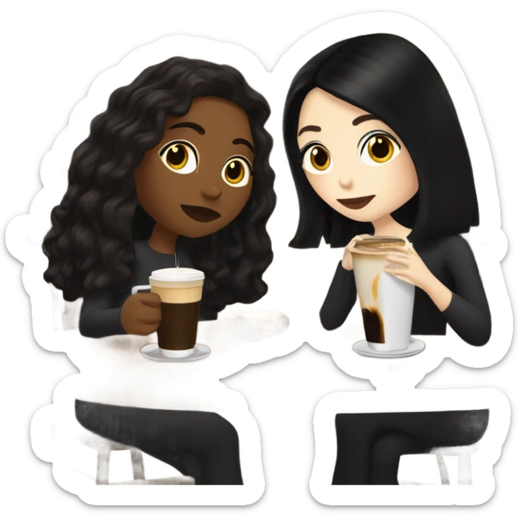puerto rican woman light skin with shoulder-length, wavy, brown hair drinking latte with Italian goth woman with black, straight hair drinking espresso at table sticker