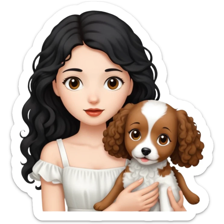 beautiful girl with long black hair in a white dress holding a small brown curly-haired dog sticker