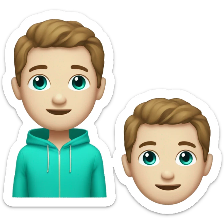 Smiley male with very short brown hair and a pale complexion with a few freckles. Blue eyes, wearing a turquoise green hoody sticker