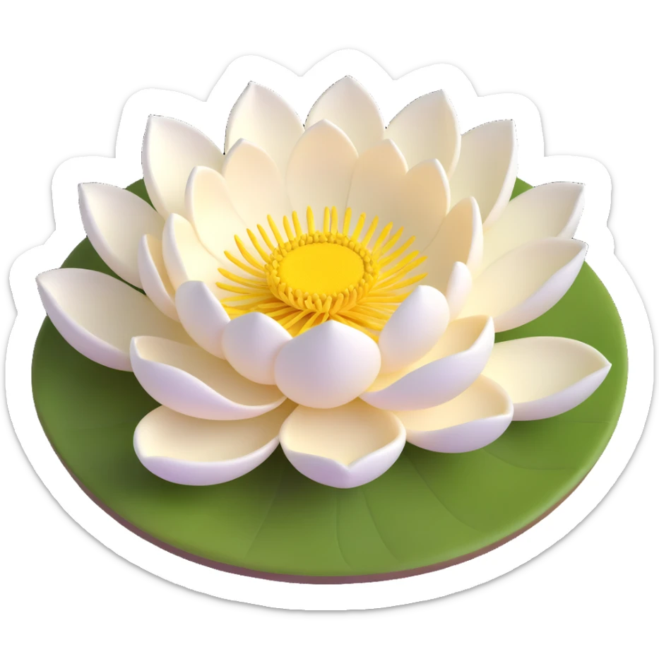 Realistic white lotus flower with detailed layered cream-white petals and bright yellow stamens, floating on accurate lotus pad with characteristic notch and bowl shape sticker
