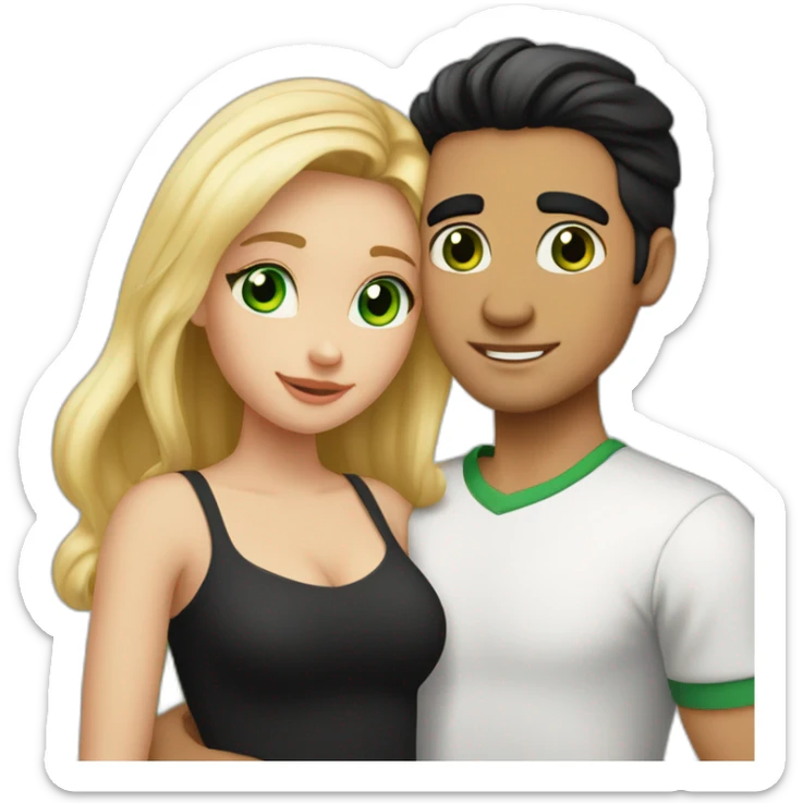 A couple of a girl with blonde hair and green eyes, and a man with black hair and black eyes, that are hugging sticker