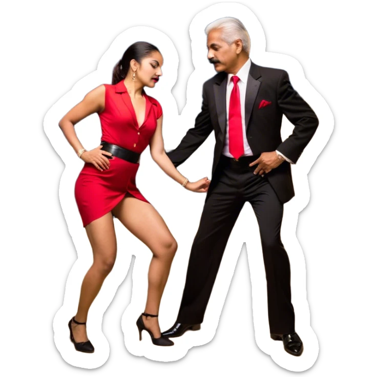 Old mature indian boss with moustache with red tie and with black shirt with formal suit black pants with belt and with black shoes with bachata dancer  girlfriend in small and tight red dress with ponytail holding her thigh and dip her body down with hand  in dip dance move at night (bachata couple) sticker