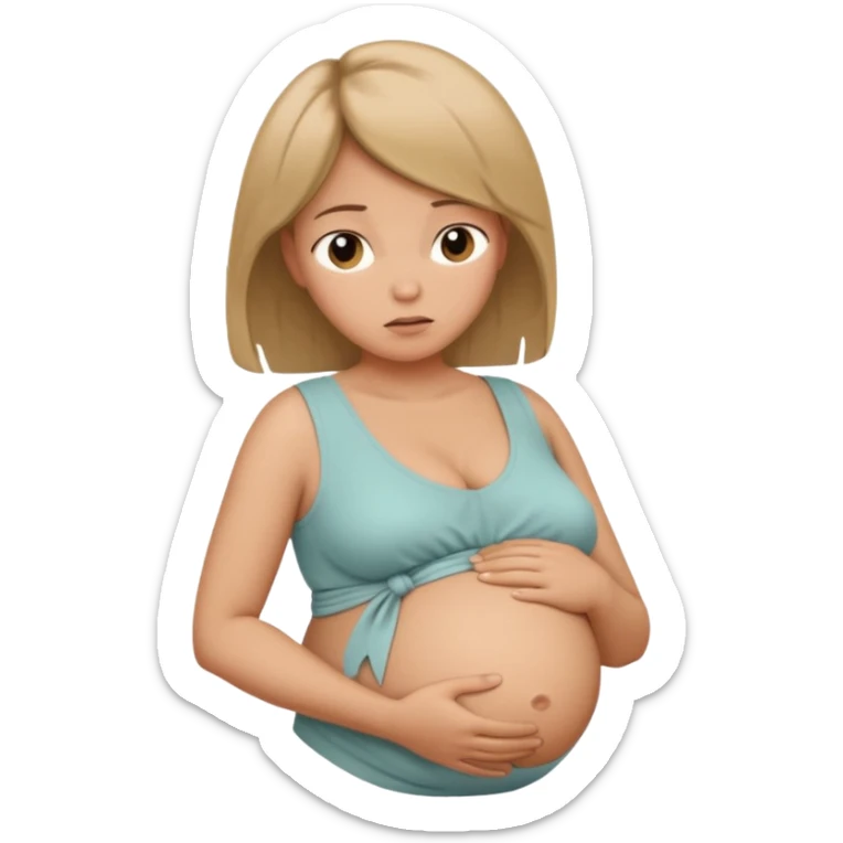 pregnant woman with neatly tied hair looking tired touching her big belly softly and breath slowly sticker