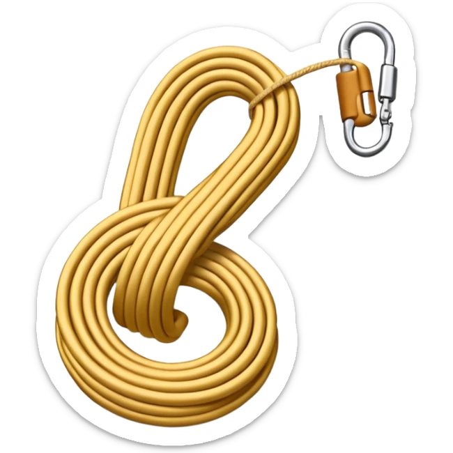 A 3D cartoon coiled climbing rope with a carabiner, golden color, resting on a rocky surface, realistic soft shadows, Memoji-style rendering. sticker