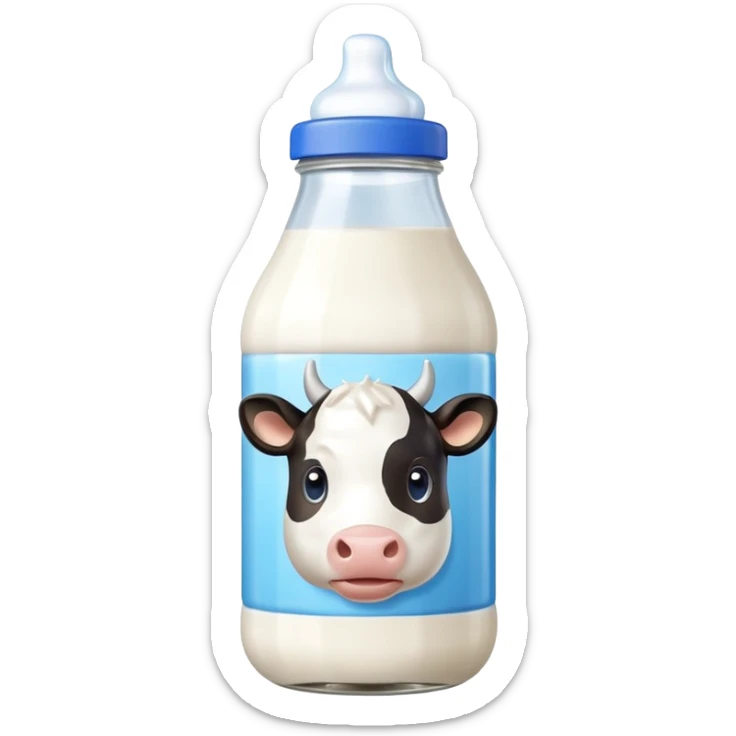 A 3D cartoon glass bottle of cow’s milk — white liquid, blue cap, clear reflections, Memoji-style rendering. sticker