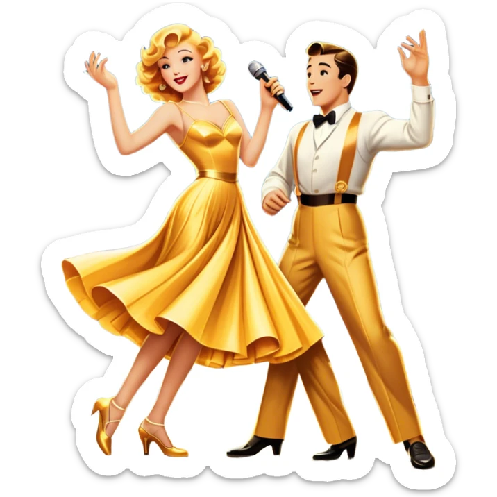 Vintage movie poster-style icon for a musical film. The cityscape glows in the background, evoking the golden era of musicals. A vibrant street scene with bright lights, dancers mid-step, a singer with a microphone among the skyscrapers. Transparent background. sticker