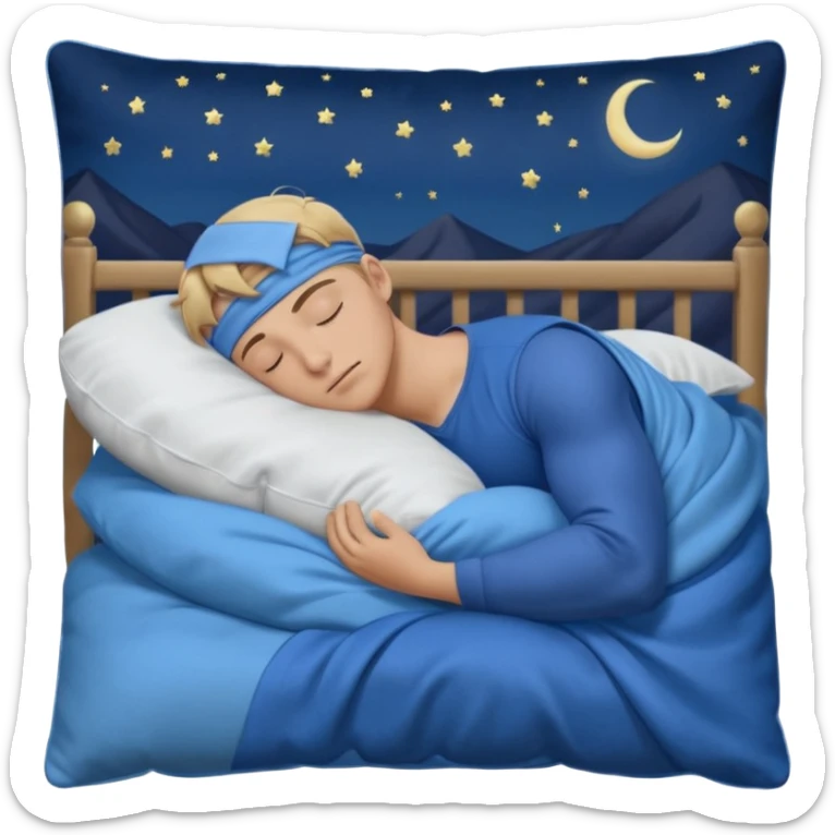 A young muscular male with short dark-blonde hair and medium-light skin, wearing blue cloth. He sleeps on his side, holding a soft white pillow, his head on a smooth blue pillow. A sleeping symbol floats above him in the dark, nighttime scene. A flowing blue blanket with silky folds covers him. sticker