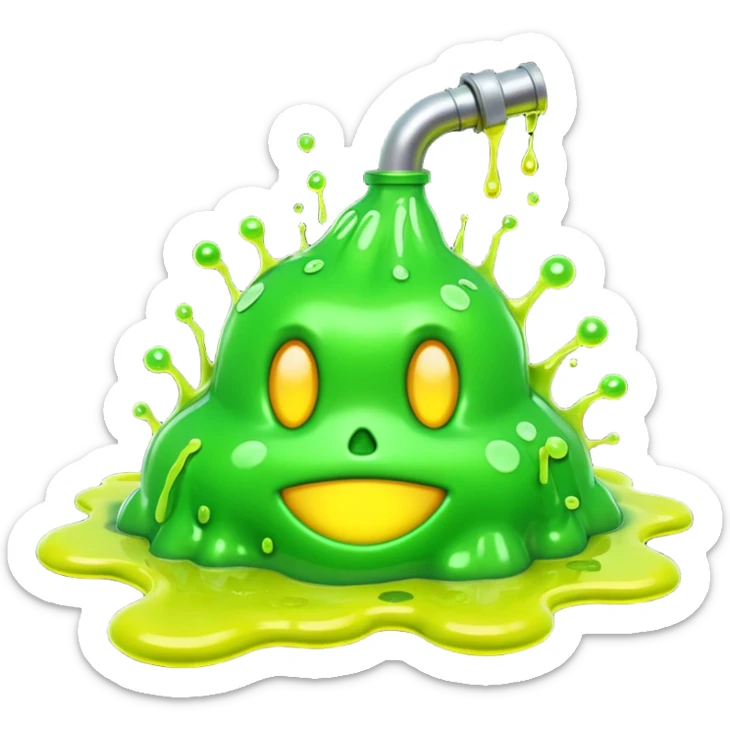 3D render of Green Ooze Puddle, toxic waste aesthetic, neon green bubbling liquid, caution yellow metal, industrial warning texture, Apple emoji style, isolated on white background --v 6.0 sticker