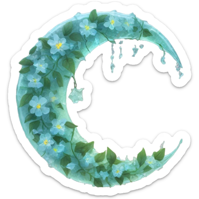 A translucent crescent moon made of cracked glass, with vines of bioluminescent flowers wrapping around it.

 sticker