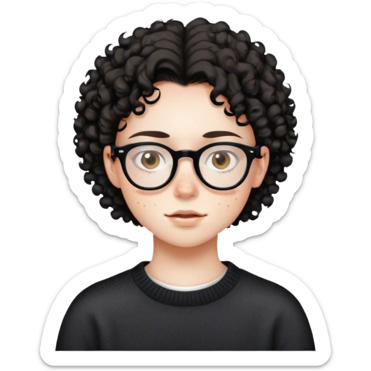 a teenager with white skin, fleckles, glasses, brown eyes, black short curly hair and a black sweater sticker