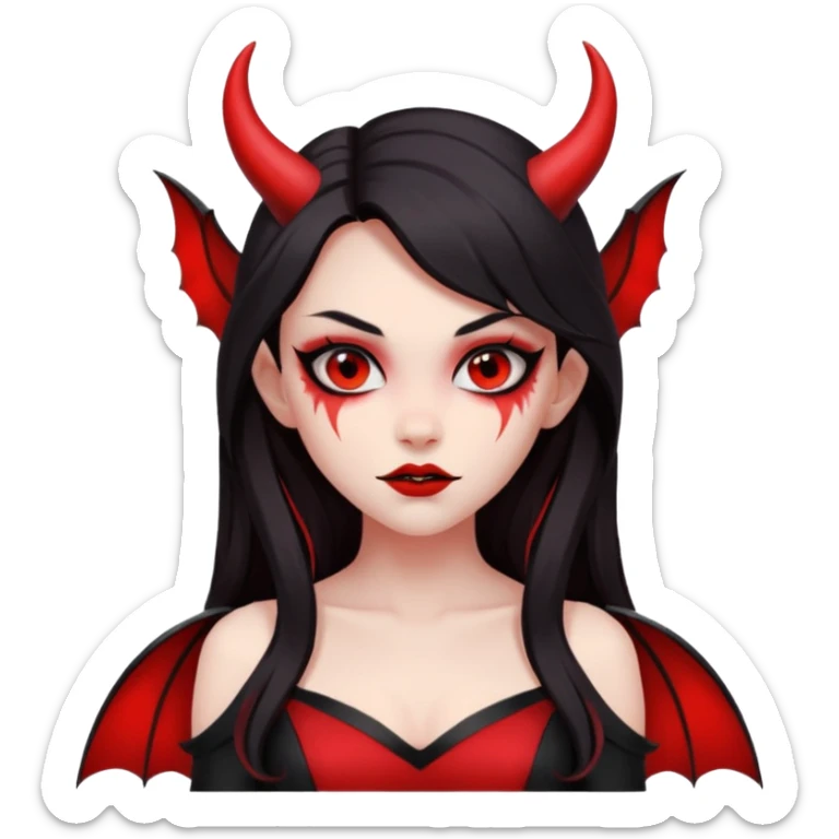 demon girl, skin red , black long hair, small horns, bat wing, black open-back dress, bold black outlines, red+black palette sticker