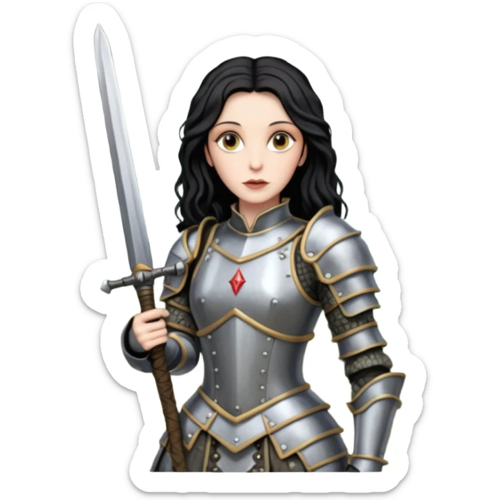realistic cinematic actress Cher in Victorian styling like Joan of Arc dirty damaged armor in a forest sticker