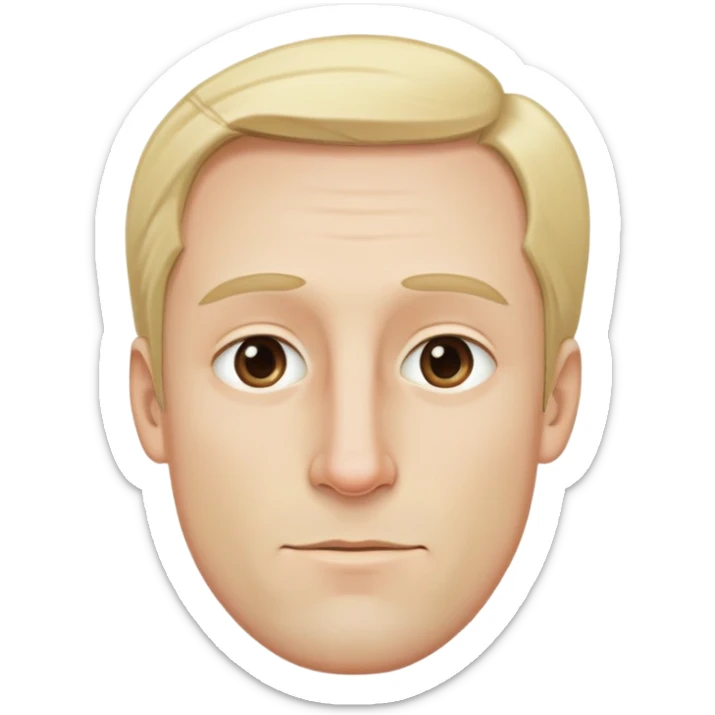 Đàn ông, mặt to, tóc vàng nhạt rất ít tóc, cằm dài, mặt đầy đặn, trán cao, mũi to sticker