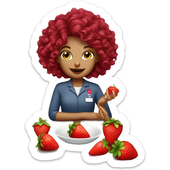 dietitian girl burgundy curly hair eating a strawberry  sticker