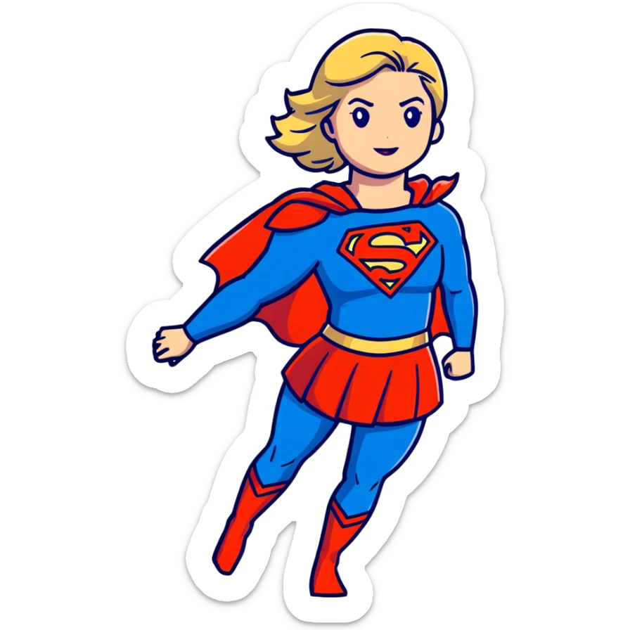 Supergirl in classic costume, full body view showing blue tights, red skirt, and cape with S symbol sticker