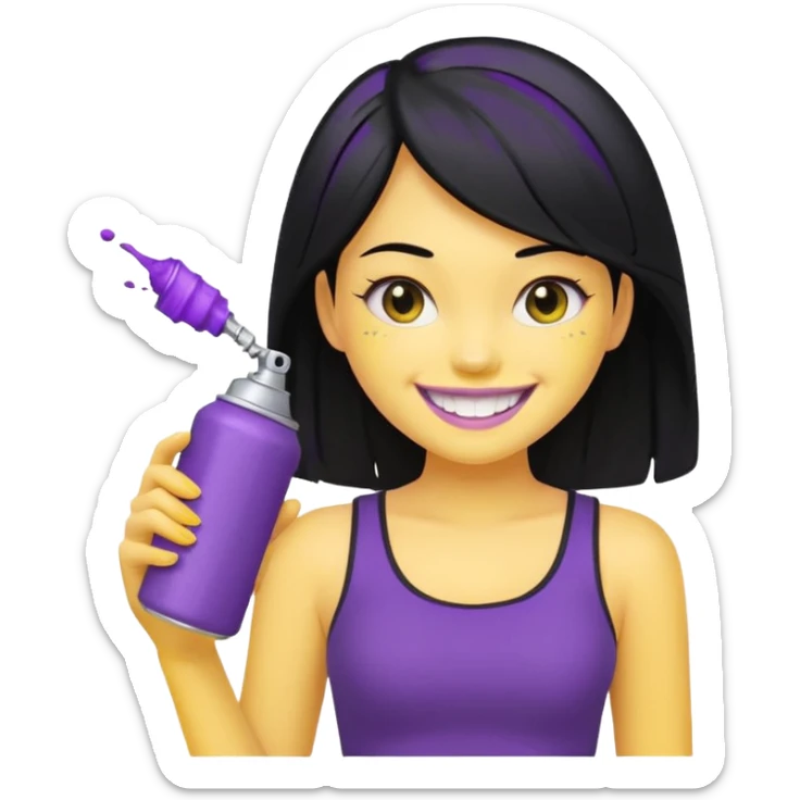 fair-skinned girl, black crop top, beautiful black hair, big yellow-toothed smile, holding purple and silver spray can, genmoji emoji style, reference attached can sticker