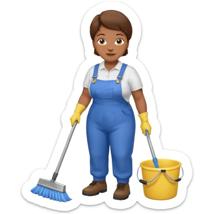 old and fat women, brown hair, Custodian with yellow rubber gloves, white T-shirt, blue overalls, mopping floor sticker