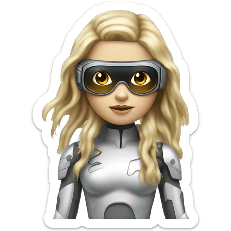 Brown long hair with blonde steaks female cyborg head, fair skin, space age goggles and circuits sticker