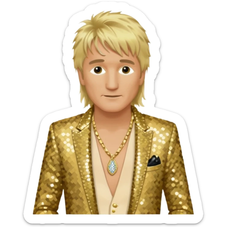 Rod Stewart with long blonde hair, gold sequin suit jacket, shirtless with necklace sticker