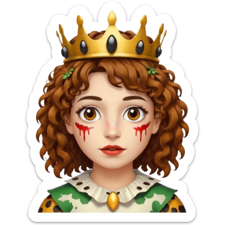 portrait woman short curly brown mullet hair brown eyes white skin with paint smeared cheeks and beetle crown sticker