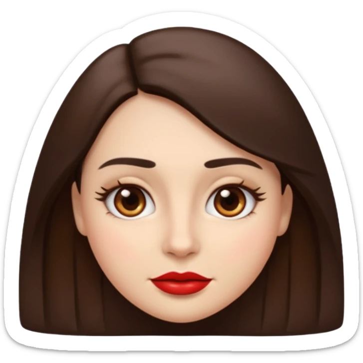 A woman emoji with fair skin, slightly wavy dark brown hair parted in the middle, an oval-shaped face, arched dark eyebrows, almond-shaped brown eyes, a small straight nose, and red lips. sticker