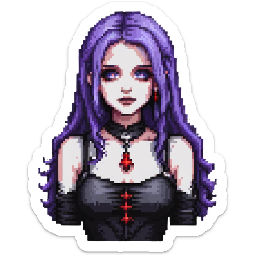 pixel art of a gothic woman with purple hair, witchy touch sticker