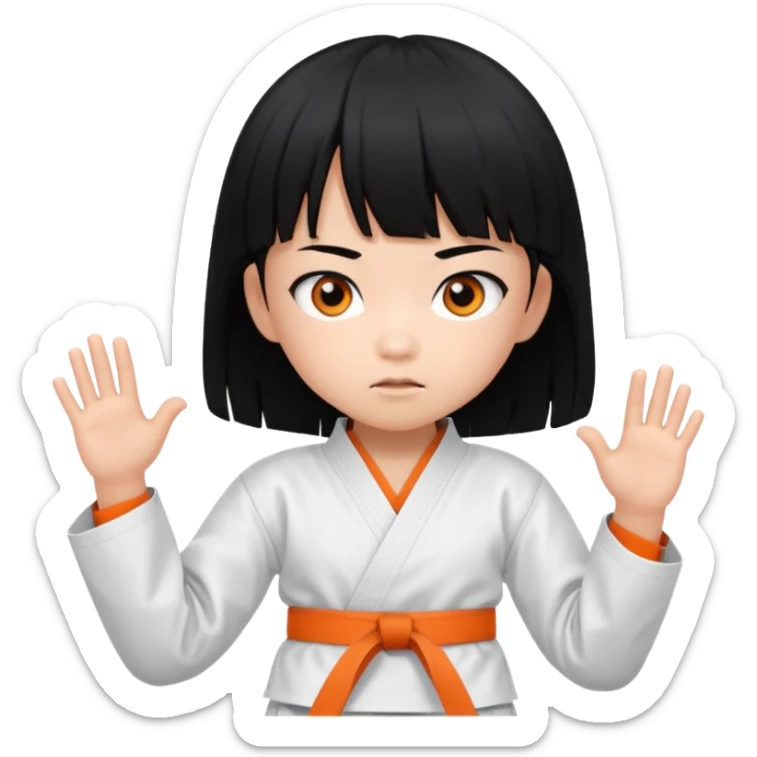 Asian child emoji with pinkish skin, black bangs, long black hair, orange eyes, wearing a white karate uniform sticker